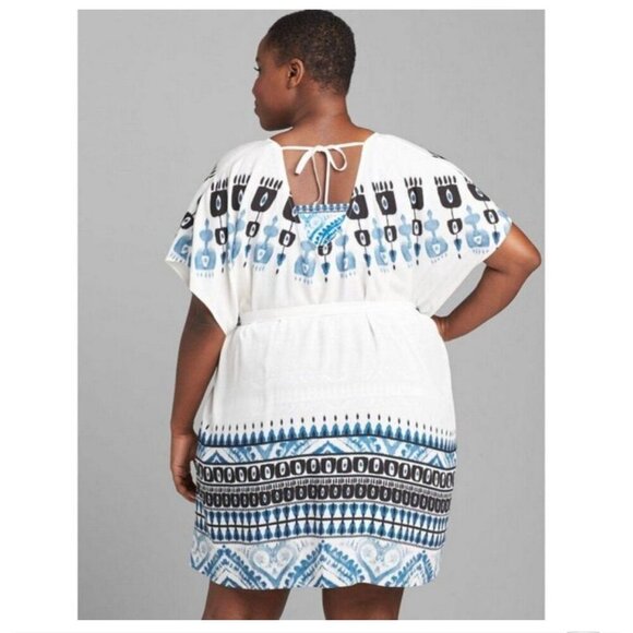 Cacique Swim White Blue Ikat Cover Up 14/16 Dress Rayon Belted Boho Bohemian Tie - Picture 2 of 8